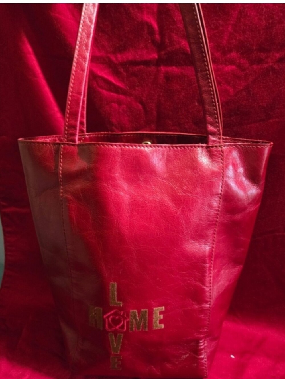 Hobo Red Leather Giving Tote Bag with 'LOVE' Applique - Women's Shoulder Bag